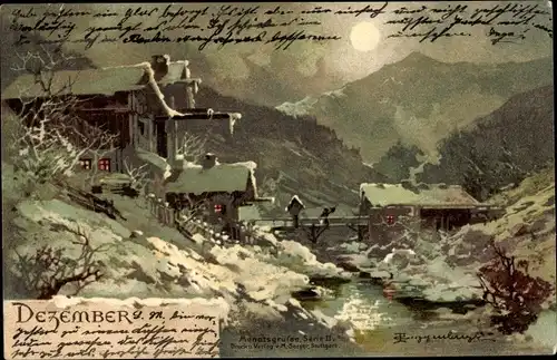 Mondschein Ak Dezember Allegorie, Berghütte im Winter, Uferpartie