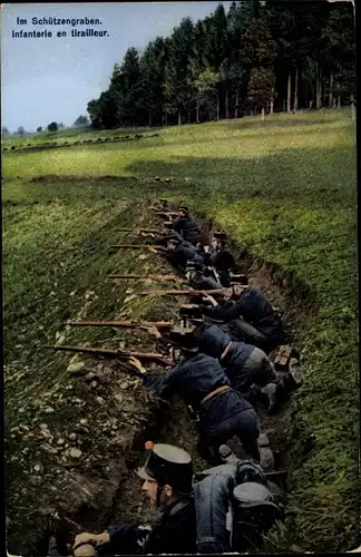 Ak Schweizer Infanterie Soldaten im Schützengraben, Grenzbesetzung 1914
