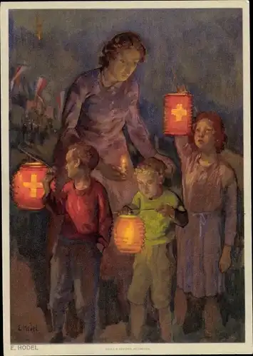 Künstler Ak Hodel, E., Schweizer Bundesfeier 1947, Frau mit Kindern und Lampions mit Schweizer Kreuz