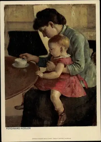 Künstler Ak Hodler, Ferdinand, Frau füttert Kind auf dem Schoss mit Suppe