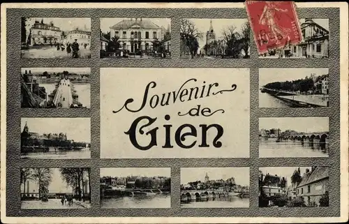 Ak Gien Loiret, Pont, Eglise, Mairie, Vue générale