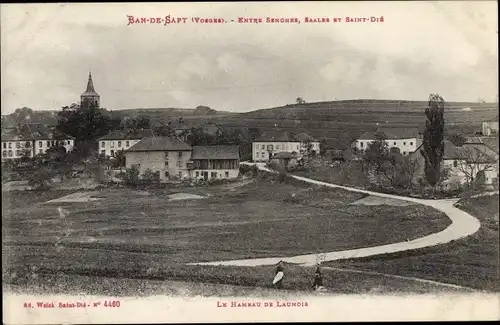 Ak Ban de Sapt Vosges, Entre Senones, Saales et Saint Dié, vu générale du village, voie, prairie