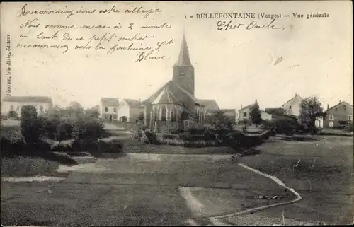 Ak Bellefontaine Vosges, vue générale du village, eglise, prairie