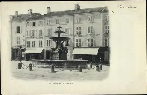 Ak Remiremont Vosges, La Grande Fontaine, vue générale, Café, Epicerie Lorraine, Cordonnerie