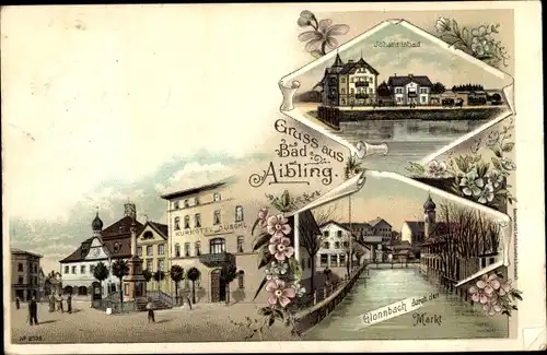 Litho Bad Aibling in Oberbayern, Glonnbach durch den Markt, Johannisbad, Kurhotel Duschl