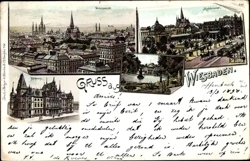 Litho Wiesbaden in Hessen, Totalansicht, Kochbrunnen, Rathaus