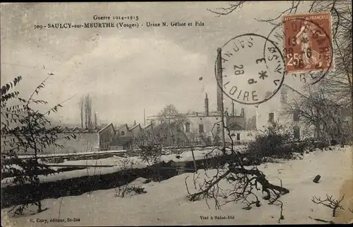 Ak Saulcy sur Meurthe Vosges, Usine N. Géliot et Fils, vue générale, cheminée, hiver, neige