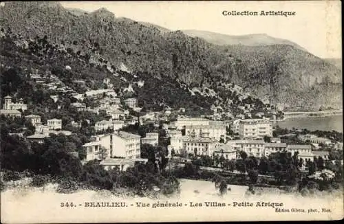 Ak Beaulieu Alpes Maritimes, Vue générale, les Villas, petite Afrique