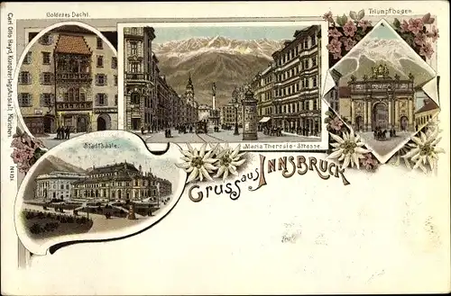 Litho Innsbruck in Tirol, Goldenes Dachl, Maria Theresia Straße, Triumphbogen, Stadtsäle