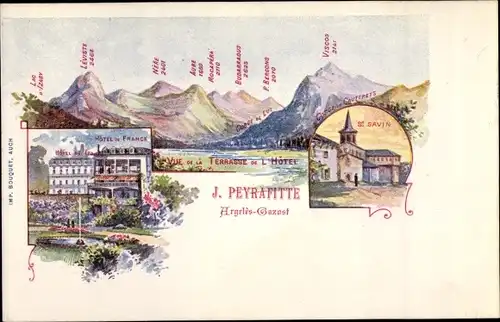 Künstler Litho Argelès Gazost Hautes Pyrénées, Terrasse et Hôtel J. Peyrafitte