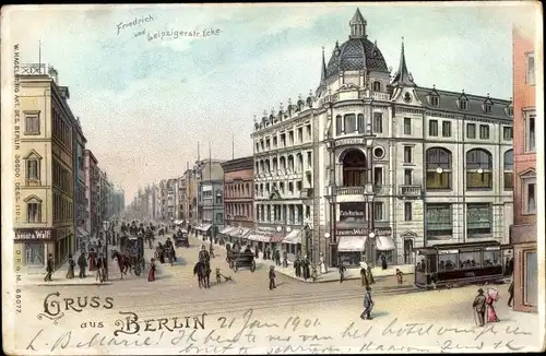 Litho Berlin, Friedrichstraße Ecke Leipziger Straße, Straßenbahn