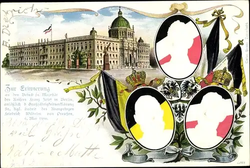 Präge Litho Berlin Mitte, Schloss, Kaiser Franz Joseph I., Kaiser Wilhelm II., Kronprinz Wilhelm