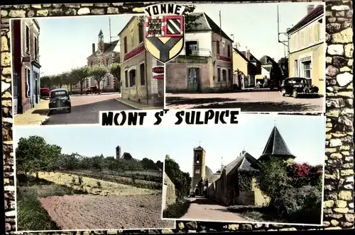 Wappen Ak Mont Saint Sulpice Yonne, Place de l'Hotel de Ville, Rue de Paris, Rue de la Basselle