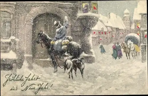 Künstler Ak Glückwunsch Neujahr, Postreiter im Schnee, Munk 5059