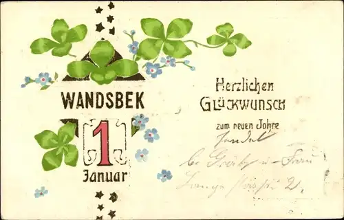 Präge Litho Wandsbek, Glückwunsch Neujahr, Kalender, Kleeblätter, Sterne