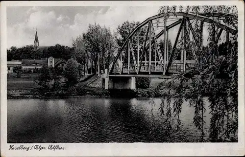 Ak Haselberg Ostpreußen, Ostfluss, Brücke