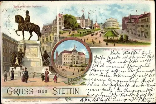 Litho Szczecin Stettin Pommern, Kaiser Wilhelm Denkmal, Paradeplatz, Stadttheater