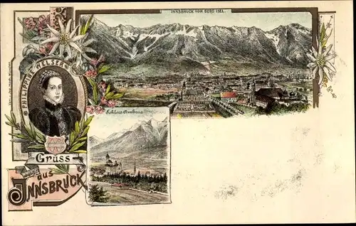 Litho Innsbruck in Tirol, Schloss Ambras, Panorama vom Berg Isel, Philippine Welser