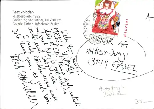 Künstler Ak Zbinden, Beat, Liebesbrief 1992, Autogramm vom Künstler