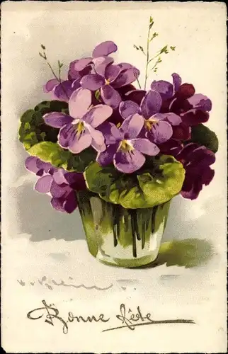 Künstler Ak Klein, Catharina, Glückwunsch, Glas mit Blumen, Veilchen, Blüten