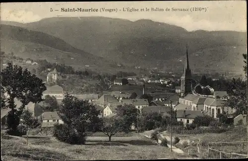 Ak Saint Maurice Vosges, L'Église et le Ballon de Servance, vue générale