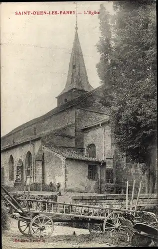 Ak Sasint Ouen Les Parey Vosges, L'Église, vue générale, charrette