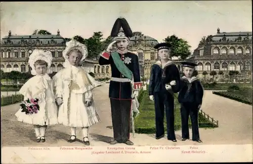 Ak Kronprinz Georg von Sachsen, Prinz Fr. Christian, Ernst Heinrich, Prinzessin Alix, Margarethe