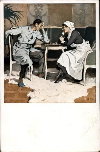 Künstler Ak Wennerberg, Bruno, Kriegspostkarte Nr. 22, Schach, verwundeter Soldat, Krankenschwester