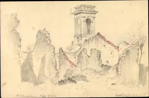 Handgemalt Nonhigny Lothringen Meurthe et Moselle, Ortschaft, Kirchturm, Mauerreste