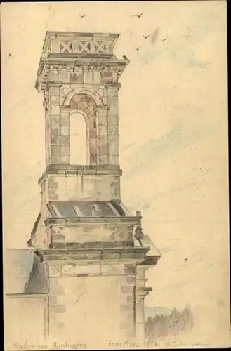 Handgemalt Ak Nonhigny Lothringen Meurthe et Moselle, Kirchturm