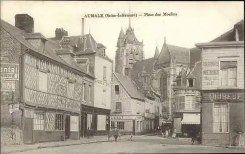 Ak Aumale Seine Maritime, Place des Moulins, Charcuterie, Kirchturm