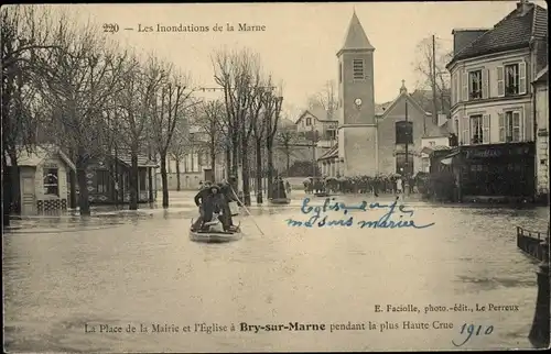 Ak Bry sur Marne Val de Marne, La Place de la Mairie et l'Église, Inondations