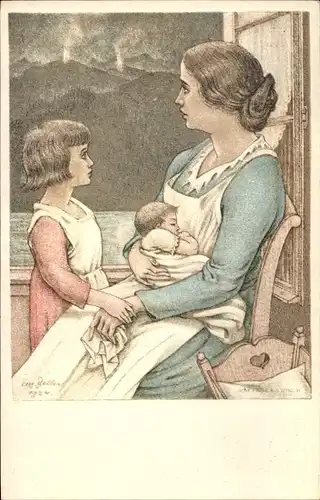 Ganzsachen Künstler Ak Mutter mit Kindern, Bundesfeier 1924