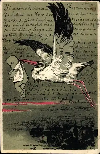 Präge Ak Storch mit Neugeborenem