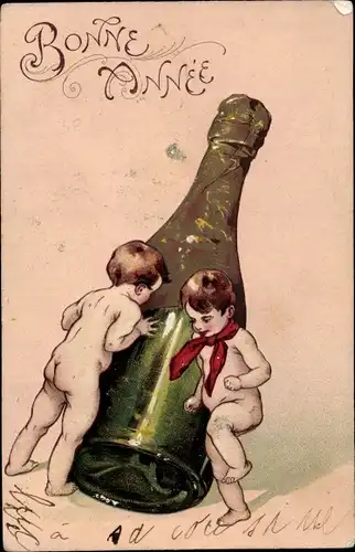 Präge Ak Glückwunsch Neujahr, Sektflasche, Kinder