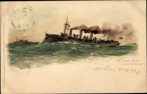 Künstler Litho Bohrdt, Hans, Deutsche Kriegsschiffe, SMS Aviso Greif, Kaiserliche Marine