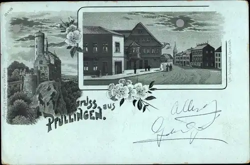 Mondschein Litho Pfullingen in der Schäwbischen Alb, Lichtenstein, Laiblingsplatz