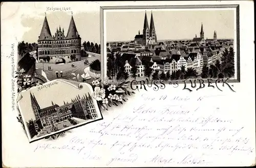 Vorläufer Litho Lübeck in Schleswig Holstein, Marktplatz, Holstentor, Gesamtansicht, 1895