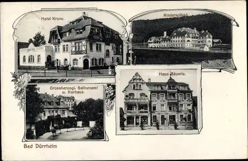 Ak Bad Dürrheim im Schwarzwald Baar Kreis, Hotel Krone, Kindersolbad, Salinenamt, Haus Bäuerle