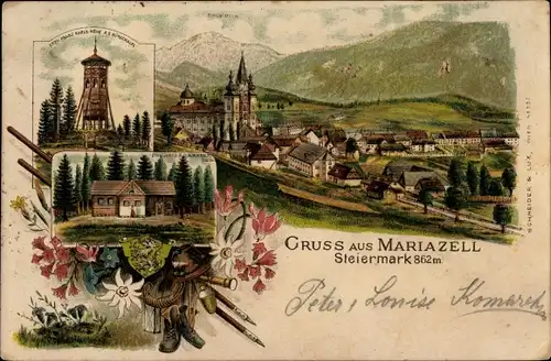 Litho Mariazell Steiermark, Franz Karls Köhe, Bürgeralpl, Schutzhaus, Totale