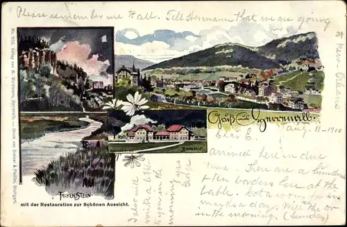 Künstler Ak Bad Herrenalb im Schwarzwald, Bahnhof, Gesamtansicht, Falkenstein, Restauration