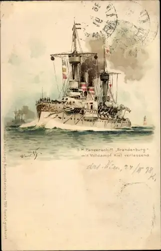 Künstler Litho Bohrdt, Hans, Kriegsschiff, Panzerschiff SMS Brandenburg, Kaiserliche Marine