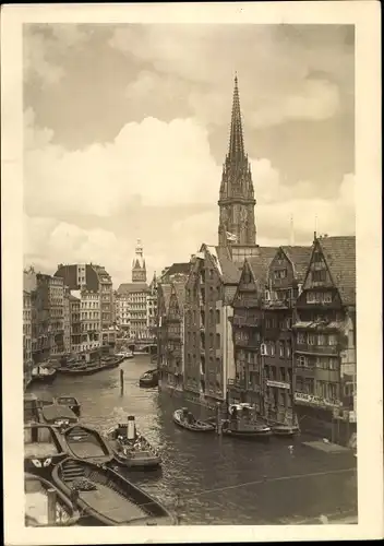 Foto Ak Hamburg, Nikolaifleet und Nikolaikirche