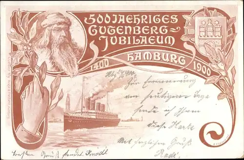 Litho Hamburg, 500 jähriges Gutenberg Jubiläum 1900, Portrait, Dampfer, Stadtwappen