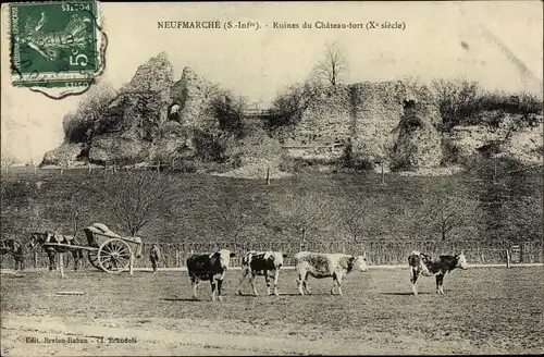 Ak Neufmarché Seine Maritime, Ruines du Chateau fort, Rinder, Pferdefuhrwerk