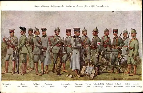 Künstler Ak Neue Uniformen der deutschen Armee, XII. und XIX. Armeekorps, Grenadier Offizier