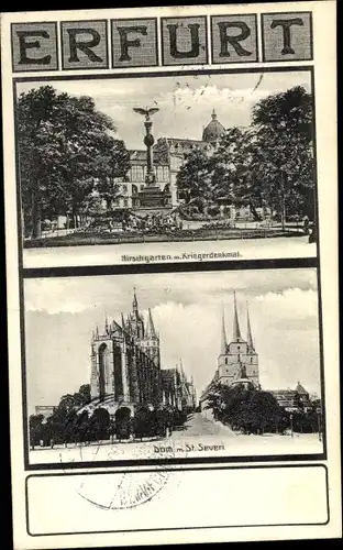 Buchstaben Ak Erfurt in Thüringen, Hirschgarten, Kriegerdenkmal, Dom mit St. Severi