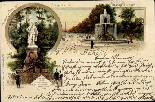 Litho Berlin Tiergarten, Wrangelbrunnen, Siegesallee, Lessing Denkmal