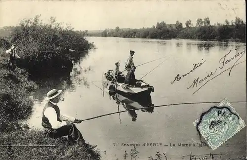 Ak Esbly Seine et Marne, La Marne, des pêcheurs