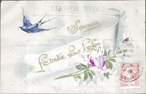 Zelluloid Ak Amitié, Blumen, Schwalbe